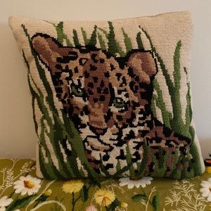 Vintage leopard needlepoint pillow